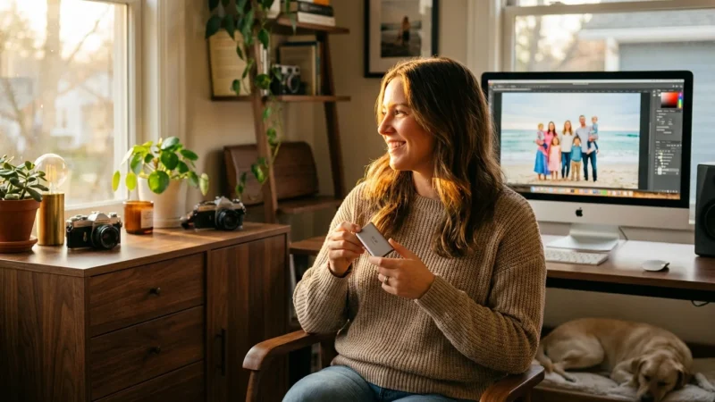 A photographer in a sunlit office holding a backup drive with family photos on the screen.