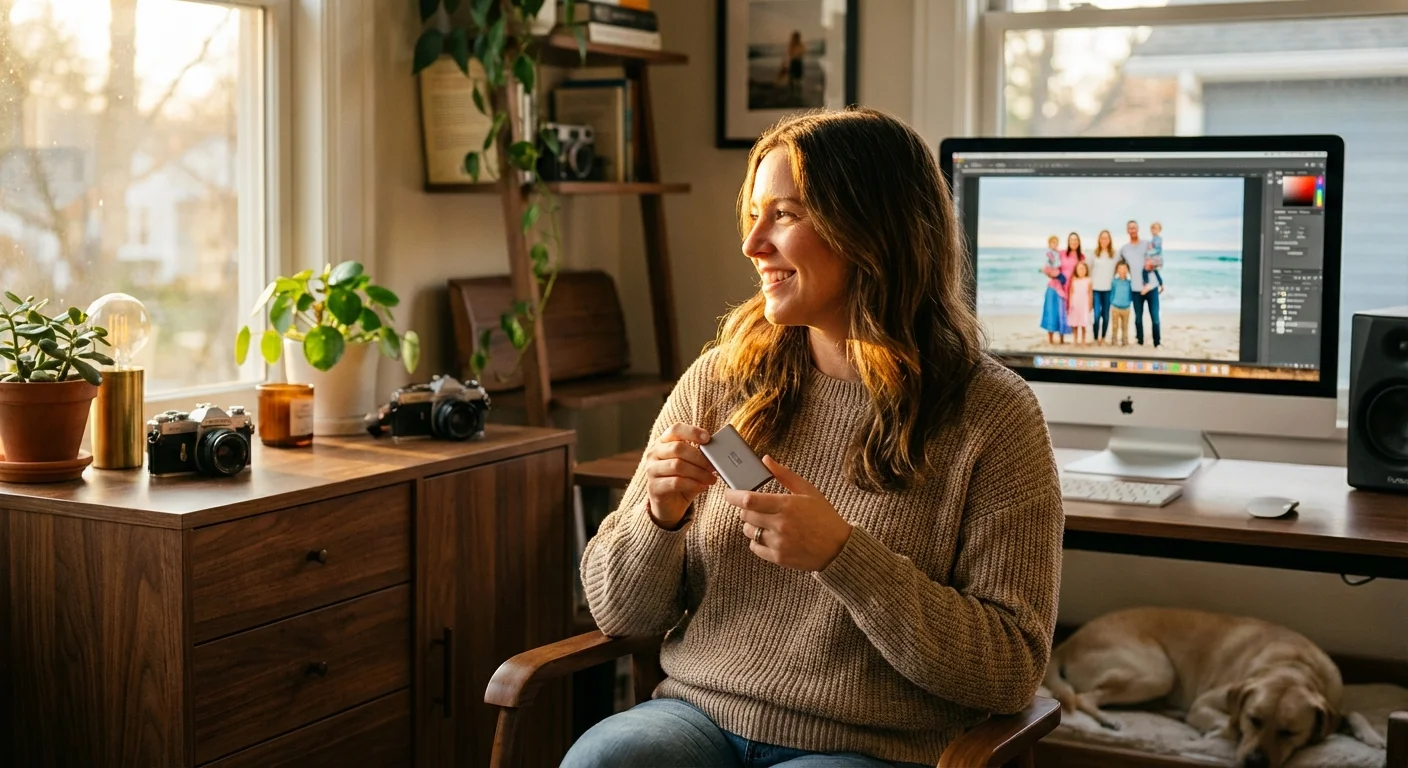 A photographer in a sunlit office holding a backup drive with family photos on the screen.