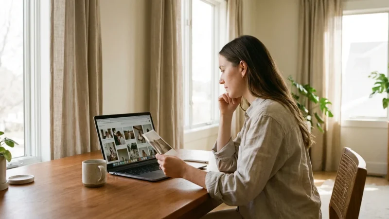 A woman thoughtfully organizing digital and physical photos at a sunlit wooden desk.