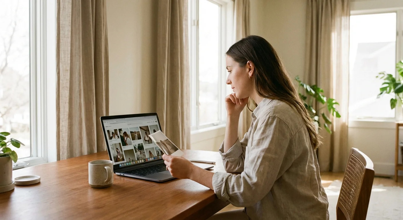 A woman thoughtfully organizing digital and physical photos at a sunlit wooden desk.