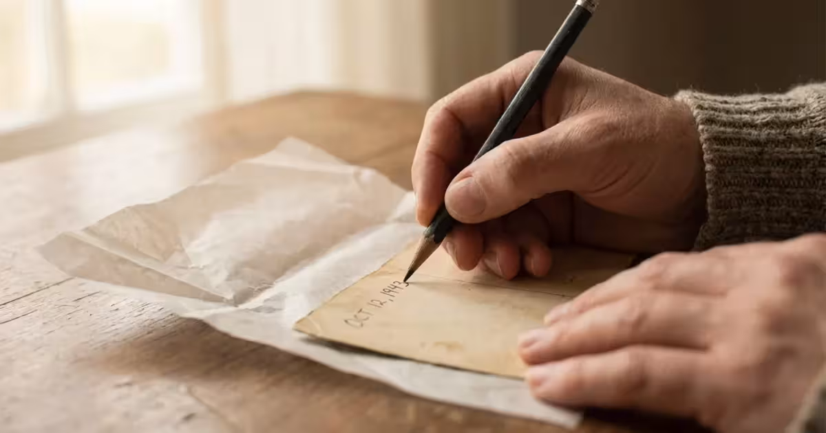 Close-up of a hand using a soft pencil to label the back of a vintage photograph on a wooden desk.