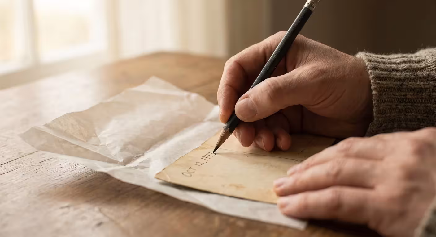 Close-up of a hand using a soft pencil to label the back of a vintage photograph on a wooden desk.