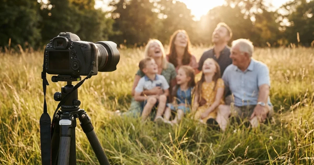 A multi-generational family posing in a meadow with a professional camera on a tripod in the foreground.