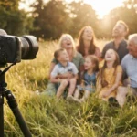 A multi-generational family posing in a meadow with a professional camera on a tripod in the foreground.