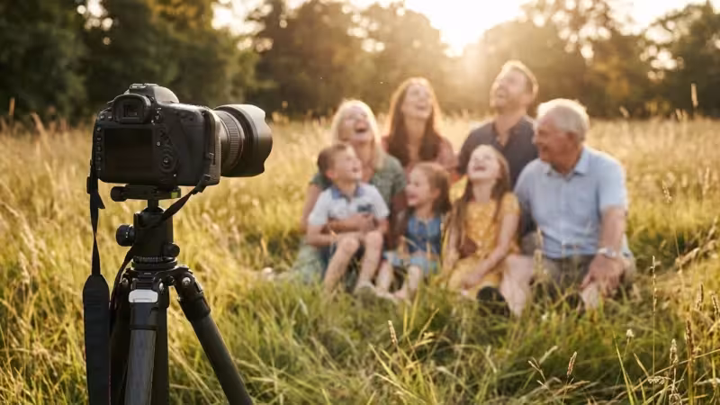 A multi-generational family posing in a meadow with a professional camera on a tripod in the foreground.