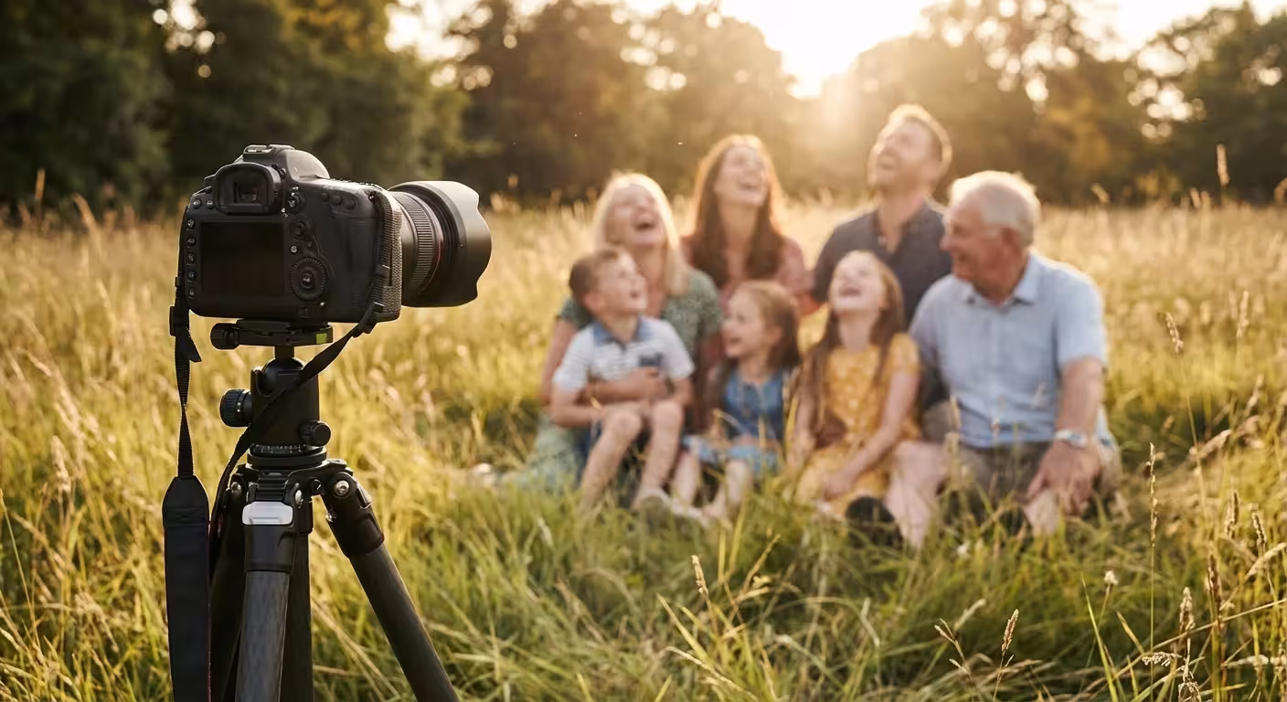 A multi-generational family posing in a meadow with a professional camera on a tripod in the foreground.
