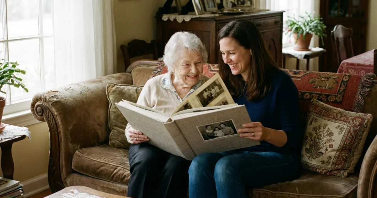 An elderly mother and daughter smiling while looking through a high-quality photo book together in a sunlit room.