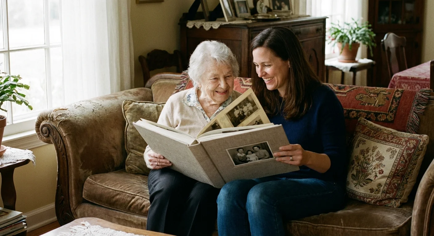 An elderly mother and daughter smiling while looking through a high-quality photo book together in a sunlit room.