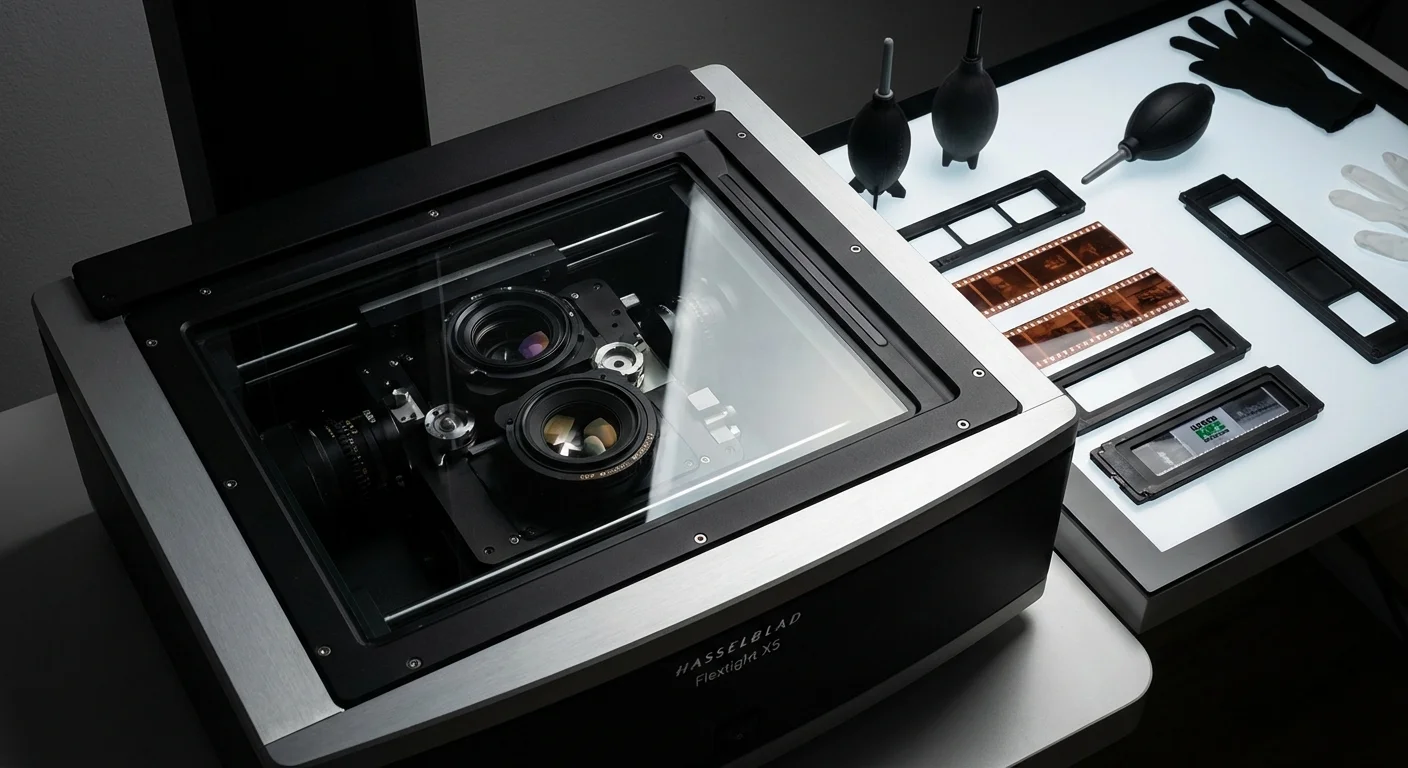 The sleek interior and lens system of a professional-grade photo scanner in a studio setting.