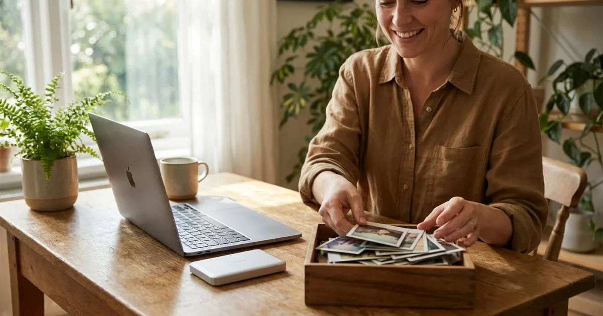 A woman organizing physical and digital photos in a sunlit modern home office.