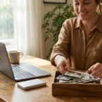 A woman organizing physical and digital photos in a sunlit modern home office.
