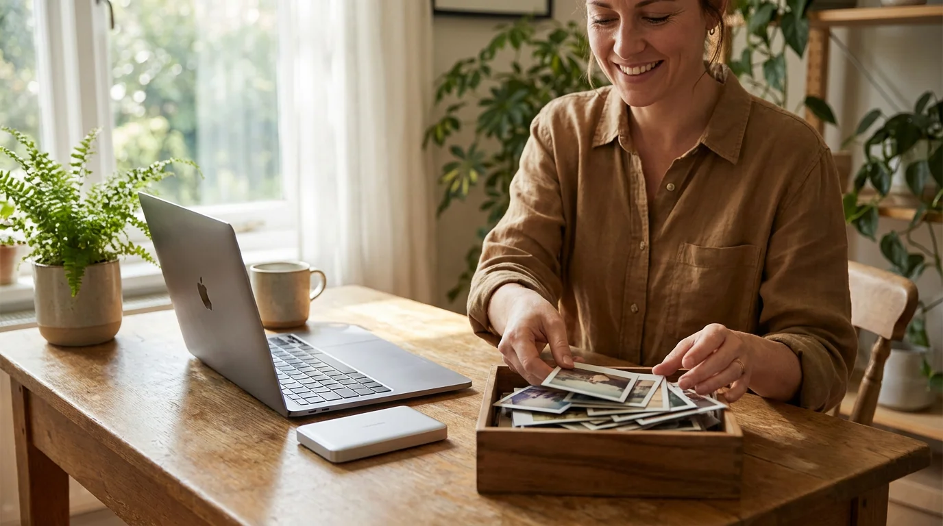 A woman organizing physical and digital photos in a sunlit modern home office.