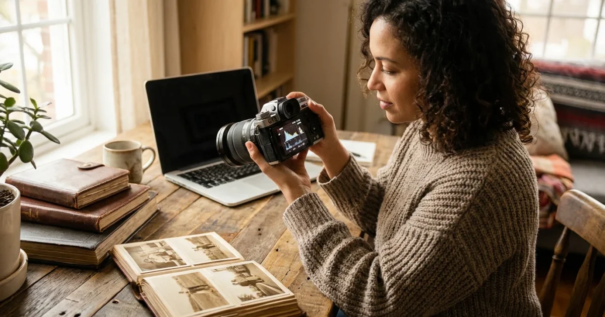 A photographer reviewing digital photo data on a camera screen in a sunlit home office with vintage albums.