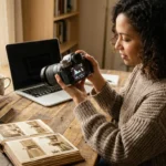 A photographer reviewing digital photo data on a camera screen in a sunlit home office with vintage albums.