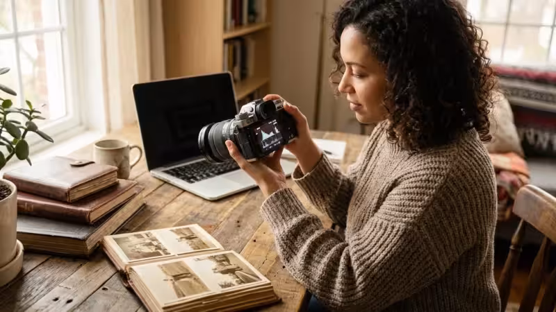 A photographer reviewing digital photo data on a camera screen in a sunlit home office with vintage albums.