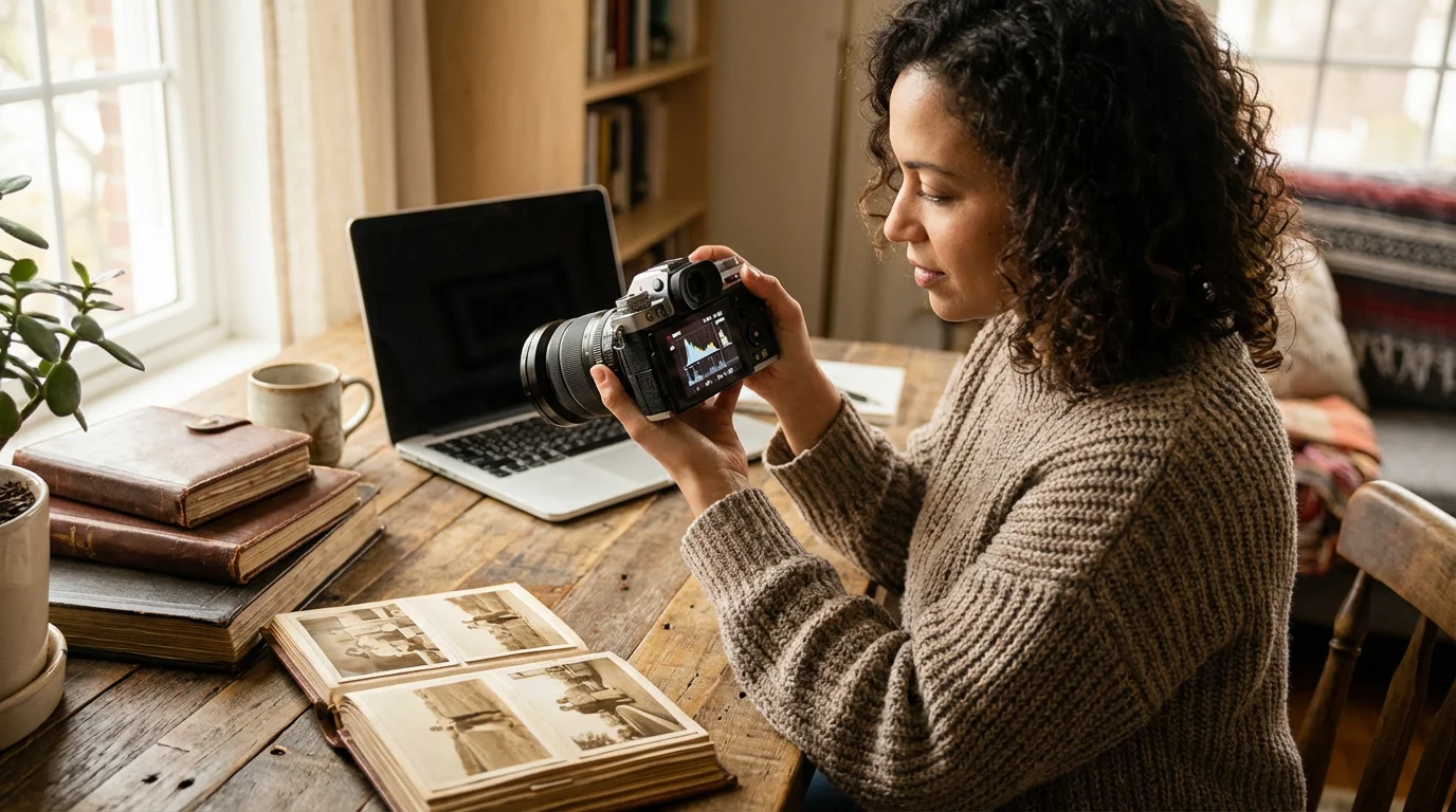 A photographer reviewing digital photo data on a camera screen in a sunlit home office with vintage albums.