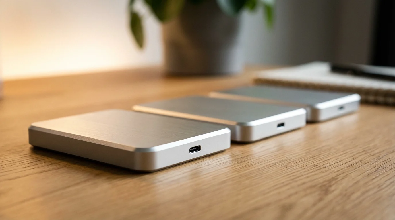 Three sleek silver external hard drives lined up on a wooden surface in soft light.