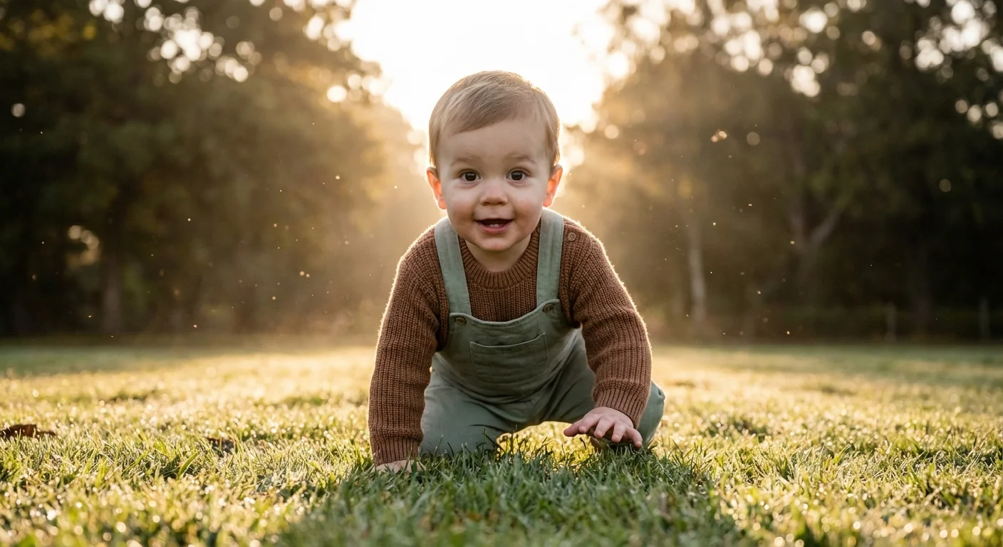 Toddler crouched on grass ready to run, showing anticipation.