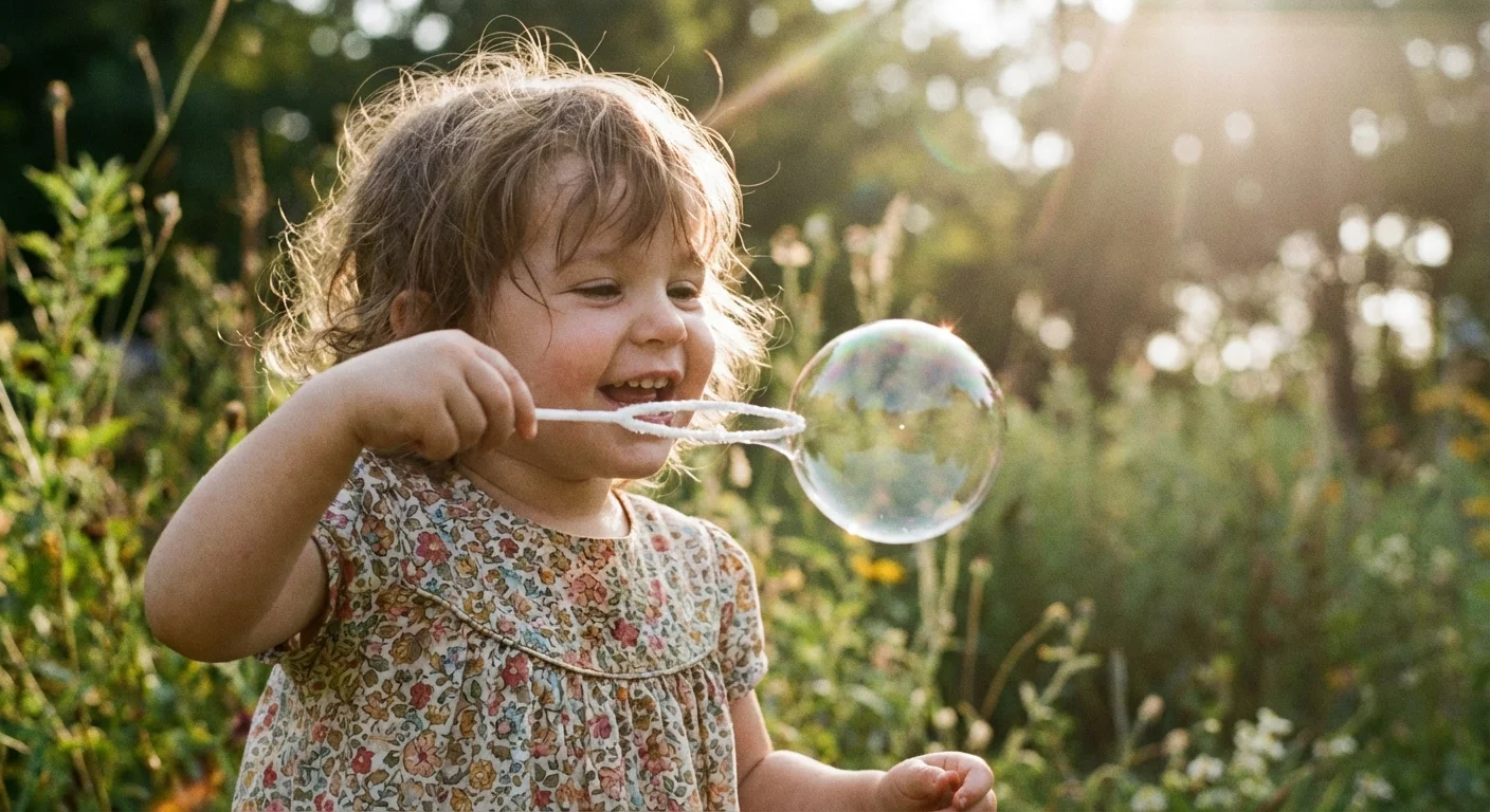 Toddler girl blowing bubbles in a sunlit garden, captured in high detail.