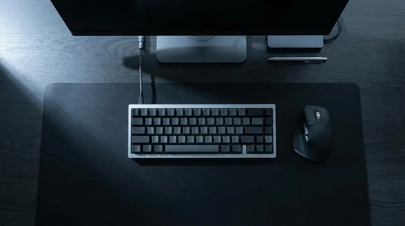 Top-down view of a clean, professional computer workstation representing technical precision.