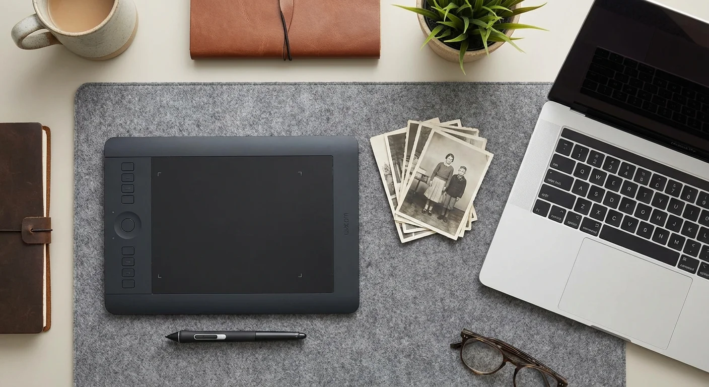 Top-down view of a digital tablet, stylus, and old photos on a clean desk.