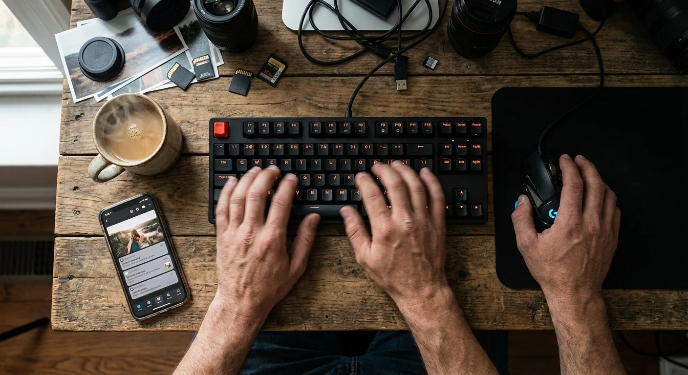Top-down view of hands working at a computer with a coffee cup, depicting a fast workflow.