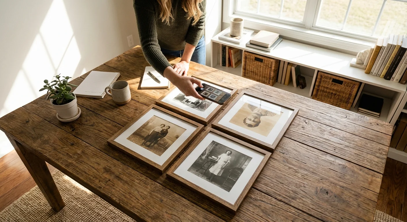 Top-down view of multiple old photos being scanned simultaneously with a smartphone.
