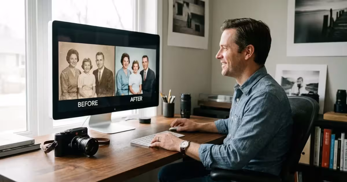Photographer at a desk comparing a grainy vintage photo with a sharp restored version on a large monitor.