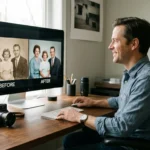 Photographer at a desk comparing a grainy vintage photo with a sharp restored version on a large monitor.