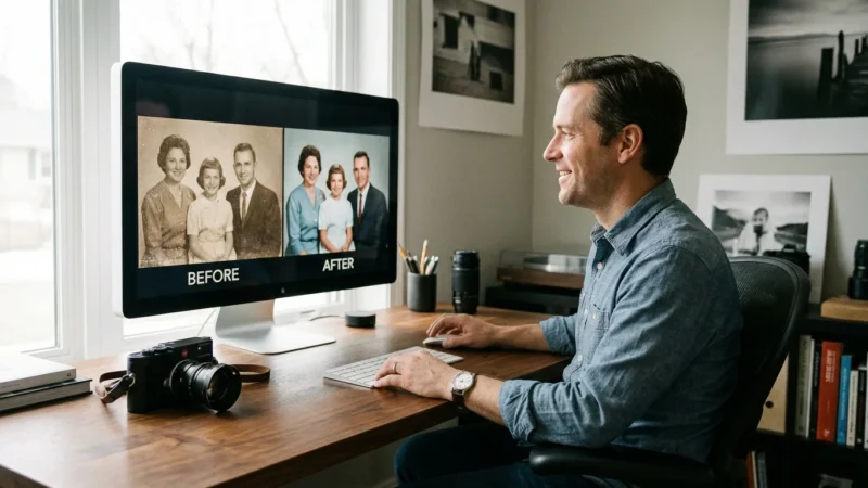 Photographer at a desk comparing a grainy vintage photo with a sharp restored version on a large monitor.