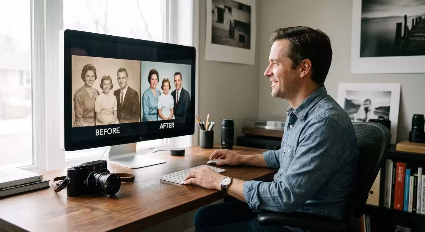 Photographer at a desk comparing a grainy vintage photo with a sharp restored version on a large monitor.