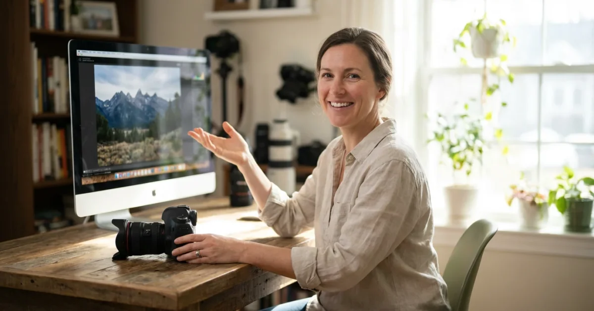 A photographer reviewing high-quality images on a monitor in a bright, modern home office.