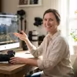 A photographer reviewing high-quality images on a monitor in a bright, modern home office.