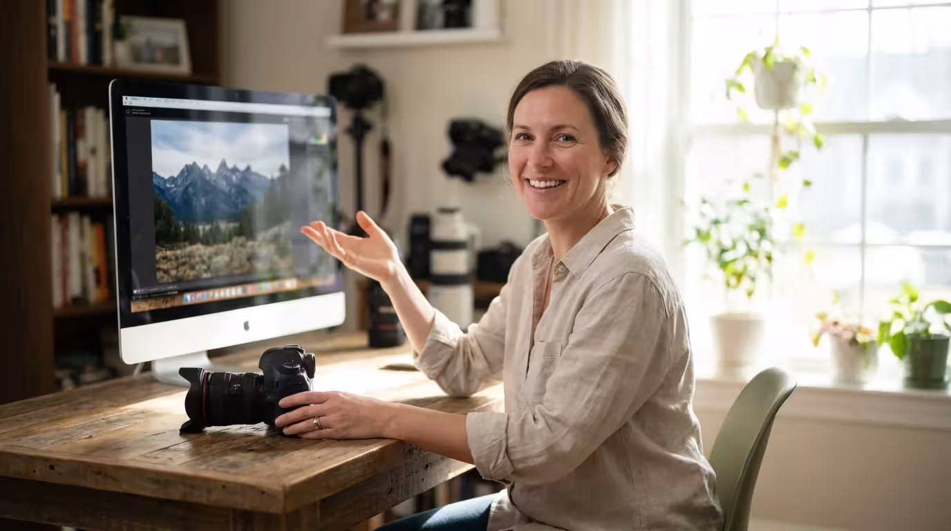 A photographer reviewing high-quality images on a monitor in a bright, modern home office.