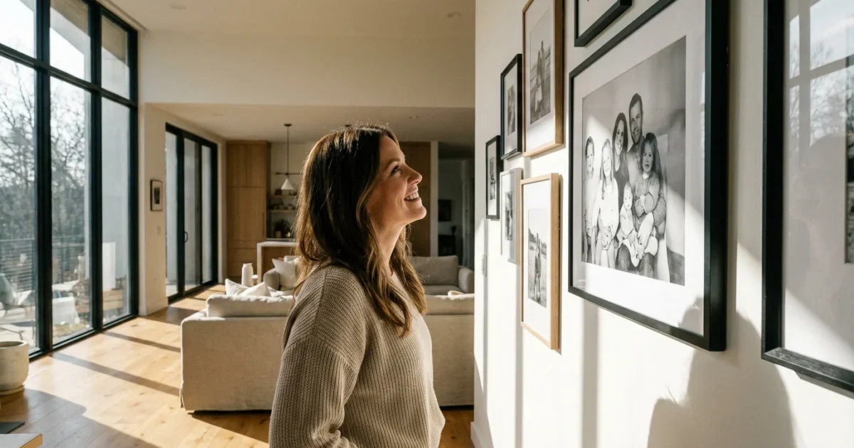 A woman admiring a large framed black and white photo on a gallery wall in a bright, modern living room.