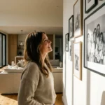 A woman admiring a large framed black and white photo on a gallery wall in a bright, modern living room.