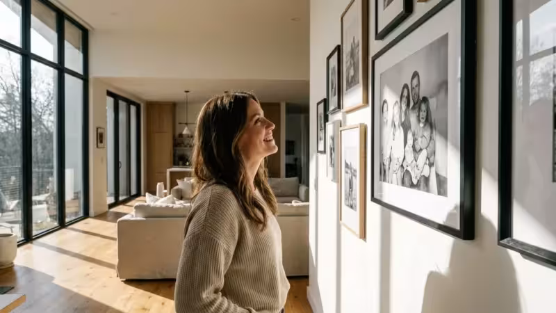 A woman admiring a large framed black and white photo on a gallery wall in a bright, modern living room.