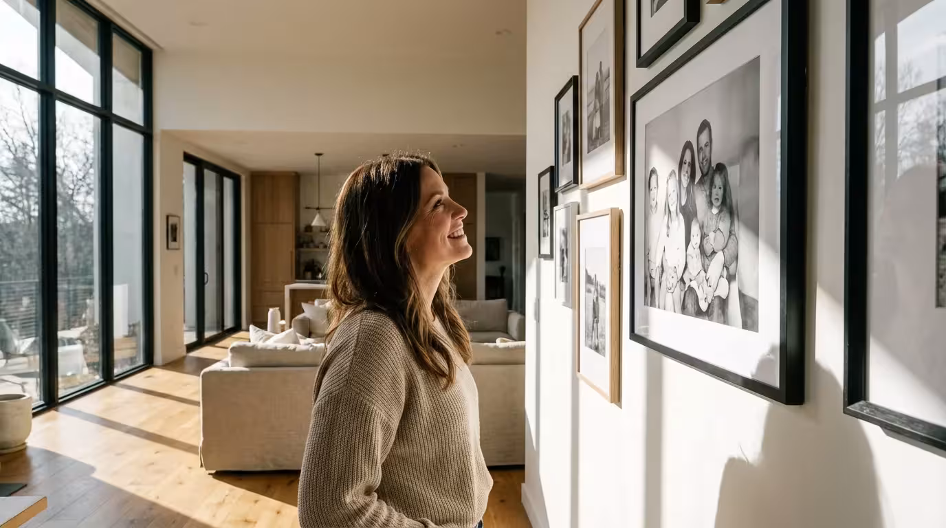 A woman admiring a large framed black and white photo on a gallery wall in a bright, modern living room.