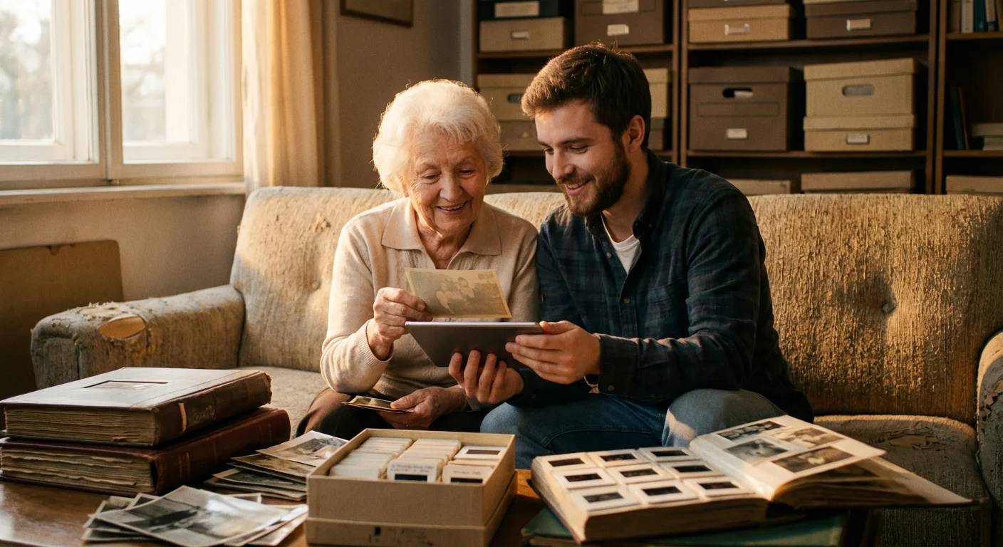 Two people of different generations looking at digital photos together with old photo albums nearby.