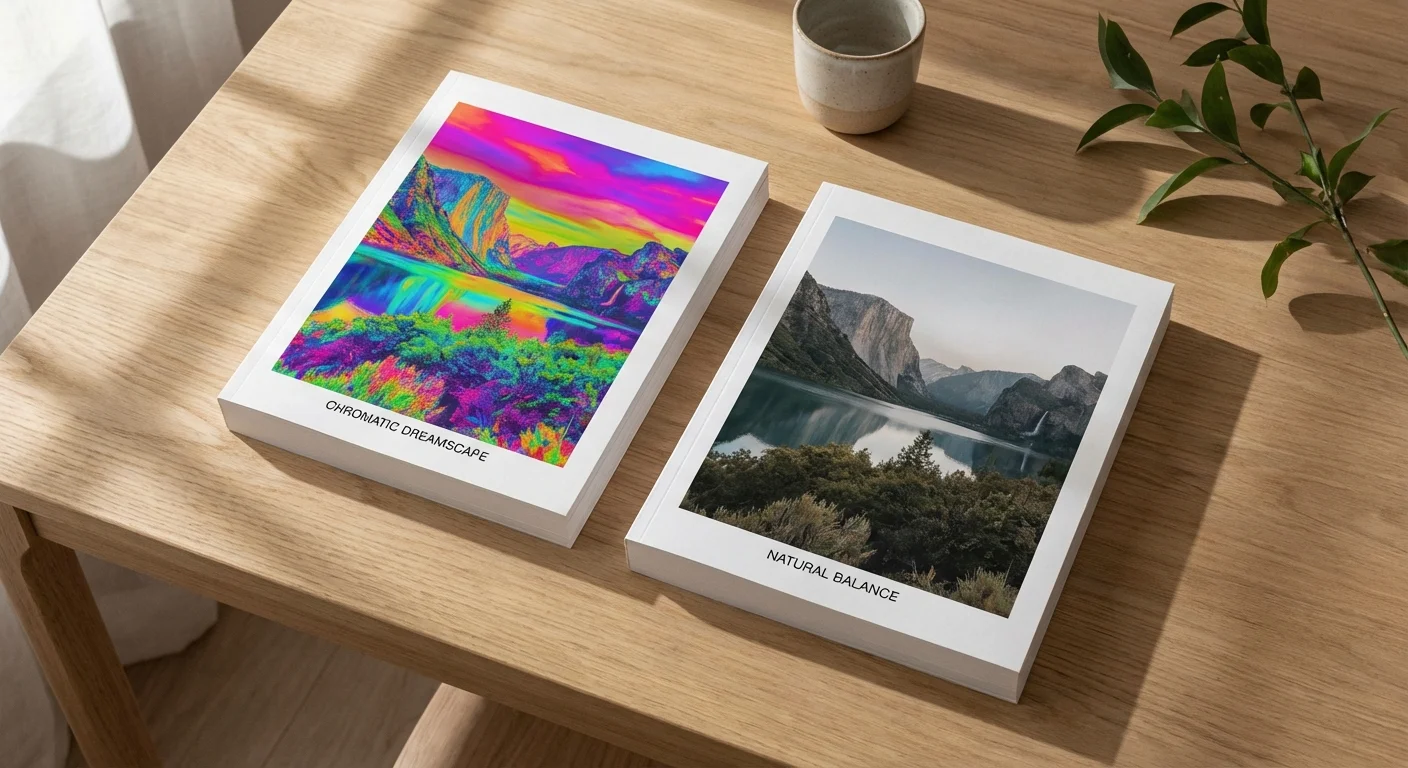 Two printed photos side-by-side on a wooden table, one with stylized colors and one with natural tones.