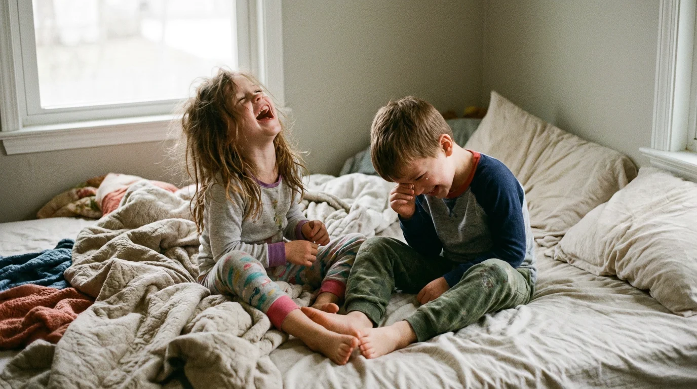 Two siblings sharing a candid, laughing moment during a photo session.