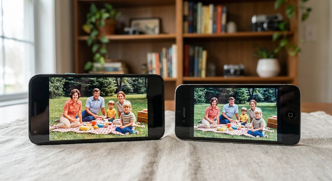 Two smartphones side-by-side showing different digital restorations of the same vintage image.