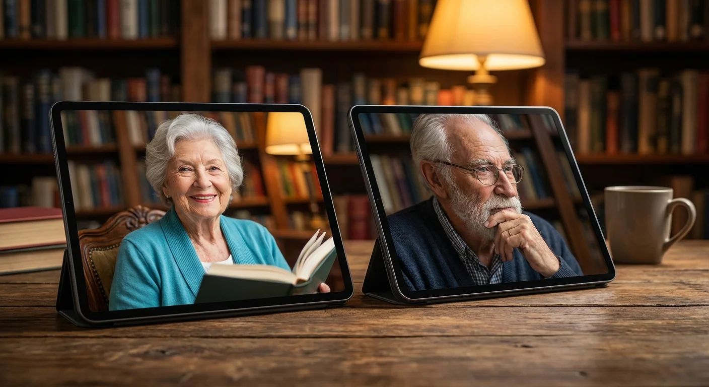 Two tablets side-by-side showing high-quality, clear portrait photos in a library setting.