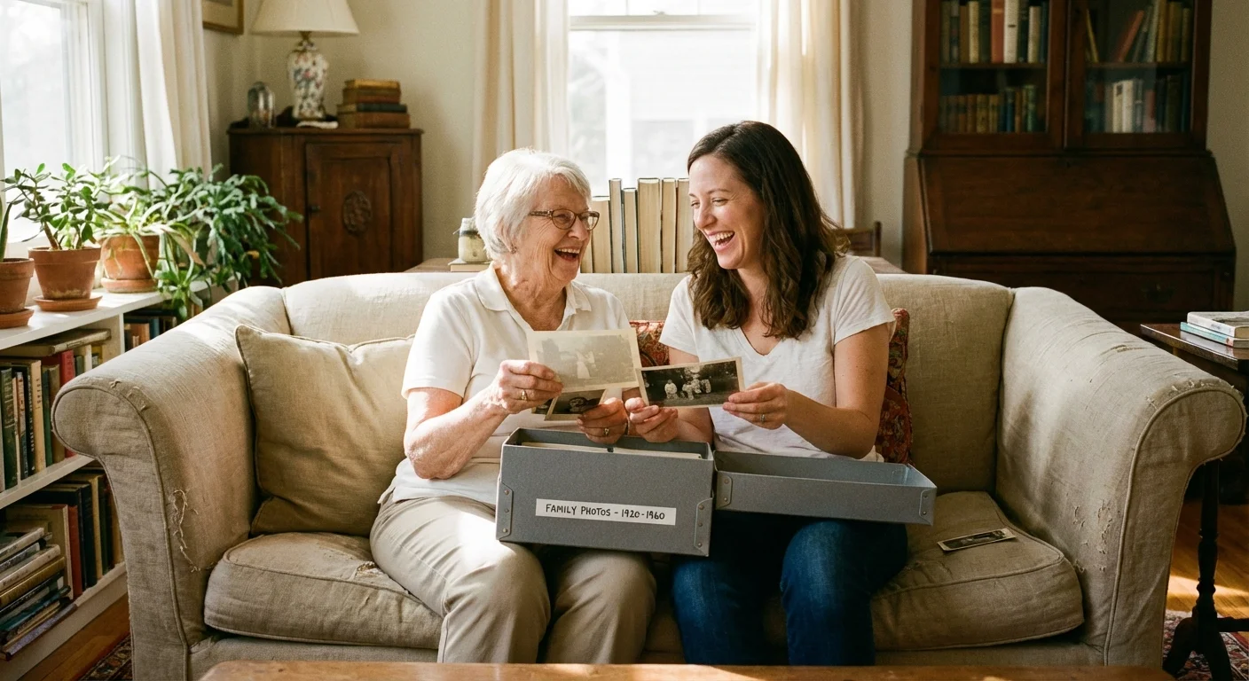 Two women looking through an organized box of ancestral family photographs.