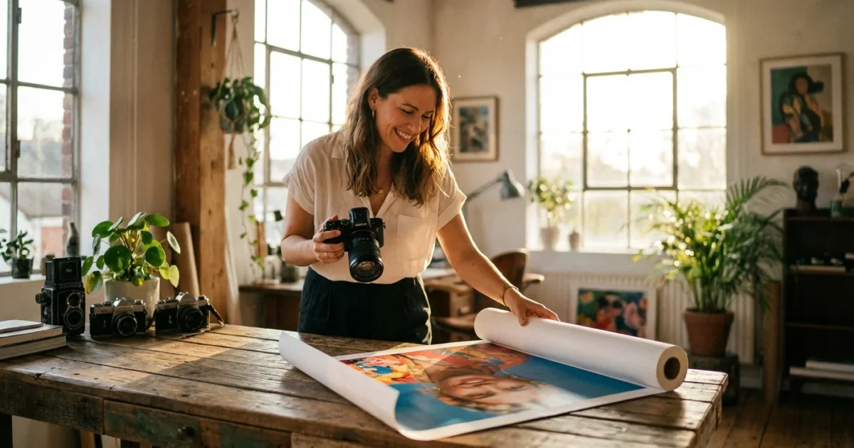 A photographer holding a high-end camera while looking at a large, clear printed photo in a sunlit studio.
