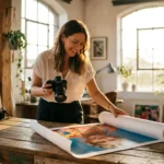 A photographer holding a high-end camera while looking at a large, clear printed photo in a sunlit studio.