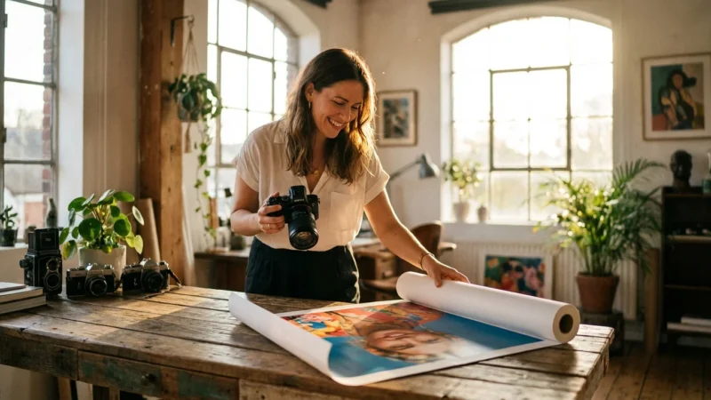 A photographer holding a high-end camera while looking at a large, clear printed photo in a sunlit studio.