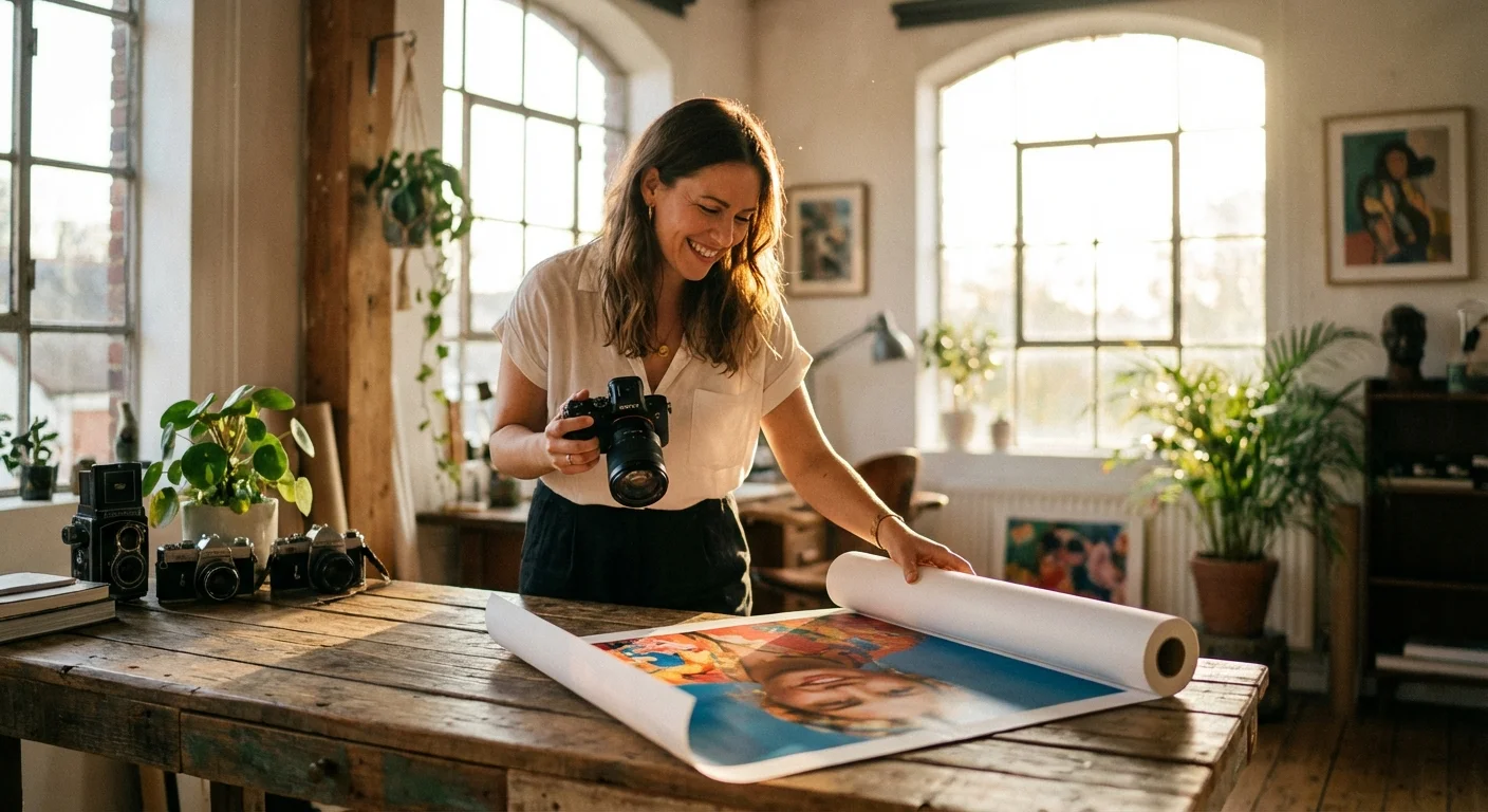 A photographer holding a high-end camera while looking at a large, clear printed photo in a sunlit studio.