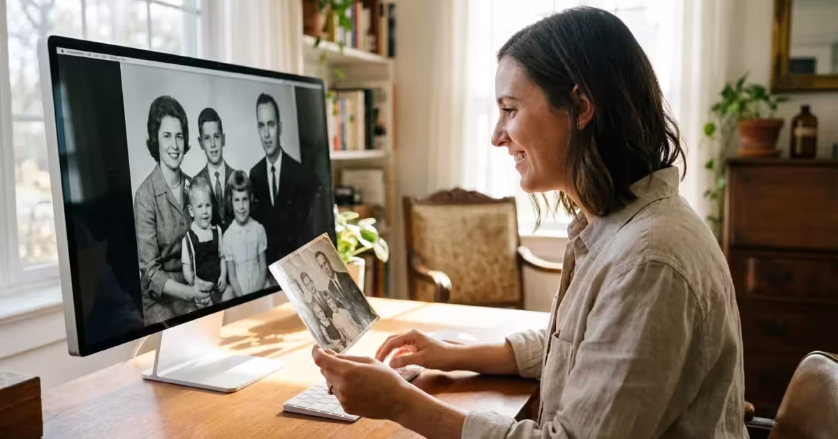 A woman comparing a vintage physical photograph to its digital version on a computer screen in a bright office.