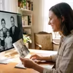 A woman comparing a vintage physical photograph to its digital version on a computer screen in a bright office.
